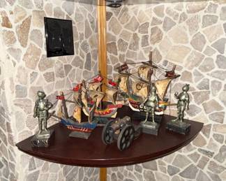 Vintage Metal Knight Figurines, Model Ships, and Tabletop Cannon Collection