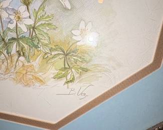 Floral Watercolor Print Signed B. Vg- in Octagonal Frame