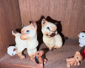 Vintage Miniature Ceramic Figurine Collection with Wooden Heart Cutout Display Shelf