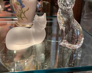Baccarat Crystal Cat Figurines - Clear and Frosted