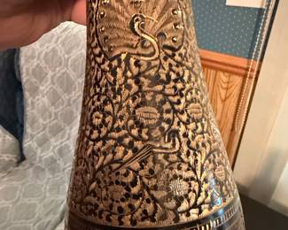 Vintage Indian Etched Brass Peacock Vase