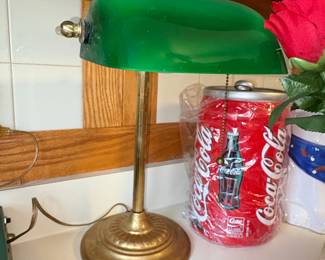 Vintage Brass Banker's Desk Lamp with Green Glass Shade