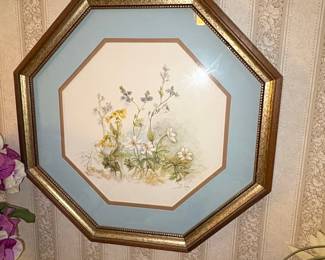 Floral Watercolor Print Signed B. Vg- in Octagonal Frame
