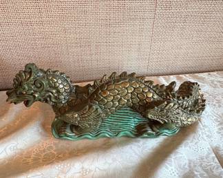 Vintage Cast Metal Dragon Figurine with Verdigris Base