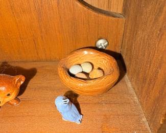 Vintage Miniature Ceramic Figurine Collection with Wooden Heart Cutout Display Shelf