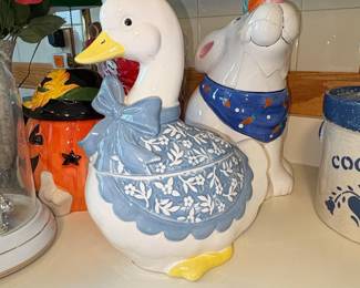 Ceramic Goose Cookie Jar with Blue Floral Apron
