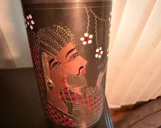Vintage Hand-Painted Etched Brass Bottle Vase - Made in India