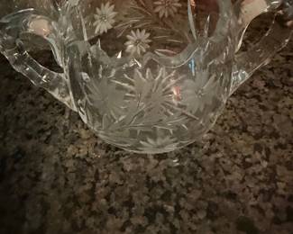 Vintage Cut Crystal Sugar Bowl with Floral Etching and Sawtooth Rim