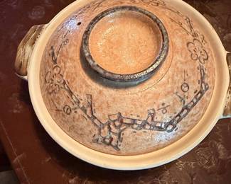 Vintage Donabe Japanese Ceramic Rice Cooker With Burnt Orange Floral Lid