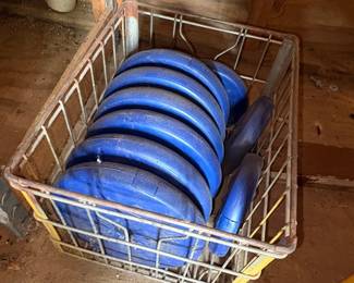 Vintage Blue Vinyl-Coated Weight Plates in Wire Basket