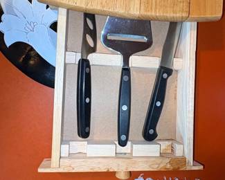 Wooden Cheese Board with Integrated Utensil Drawer and 3-Piece Cheese Tool Set