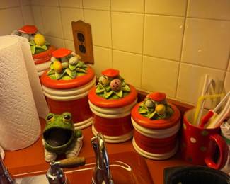 Ceramic Mushroom Canister Set with Neil the Frog Holder