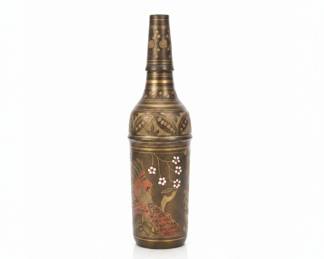 Vintage Hand-Painted Etched Brass Bottle Vase - Made in India