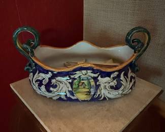 Italian Majolica Hand-Painted Centerpiece Bowl with Scroll Handles