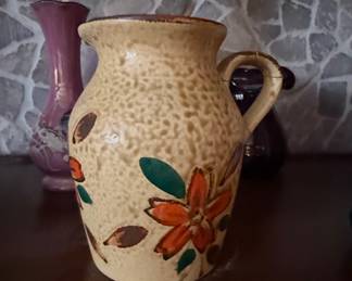Vintage Hand-Painted Ceramic Pitcher with Floral Motifs