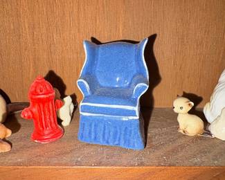 Vintage Miniature Ceramic Figurine Collection with Wooden Heart Cutout Display Shelf