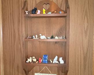 Vintage Miniature Ceramic Figurine Collection with Wooden Heart Cutout Display Shelf