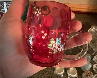 Vintage Ruby Red Thumbprint Mugs with Hand-Painted Floral Enamel