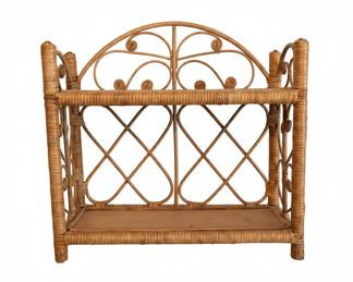Vintage Wicker Rattan Wall Shelf with Arch Top and Scrolled Detailing