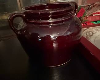 Vintage Burgundy Glazed Stoneware Bean Pot