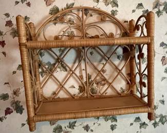 Vintage Wicker Rattan Wall Shelf with Arch Top and Scrolled Detailing