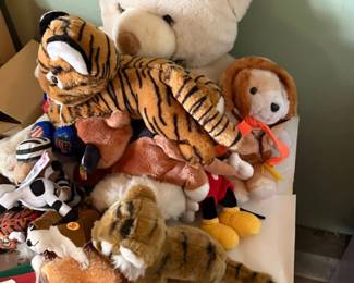 Assorted Plush Stuffed Animals Lot Including Large Teddy Bear, Tiger, Dog, and Mickey Mouse