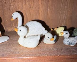 Vintage Miniature Ceramic Figurine Collection with Wooden Heart Cutout Display Shelf