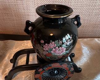 Vintage Japanese Black Porcelain Vase with Flower Cart Stand