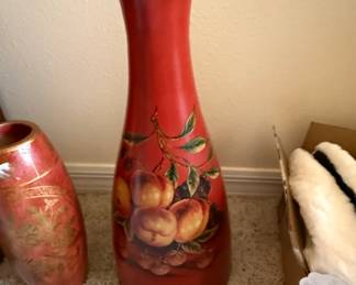 Red Ceramic Vase with Peaches and Berries Motif