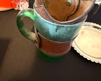 Vintage Emerald Green Glass Mugs with Leather Holders, Set of
