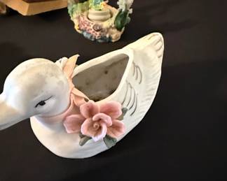 Vintage Ceramic Swan Planter with Pink Rose