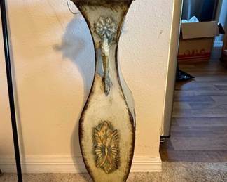 Distressed Metal Vase with Scrollwork Stand