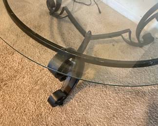 Round Glass Top Coffee Table with Wrought Iron Base