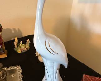 Vintage White Ceramic Crane Figurine with Gold Accents