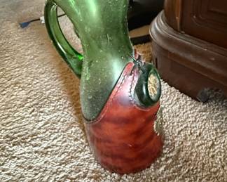 Vintage Italian Green Blown Glass Wine Decanter with Leather Casing
