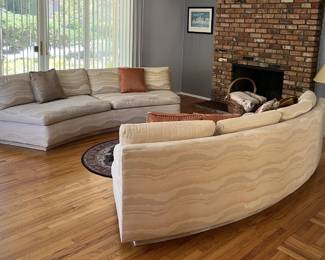 These are the two sofa pieces together.  There is also a framed piece of art on the wall and a lamp off to the right.
