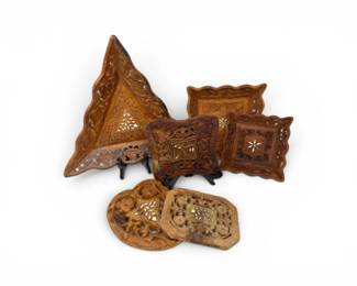 187 6pcHandCarvedWoodTraysTrivetswInlayAccents