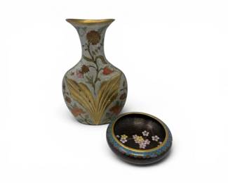 134 CloisonnCherryBlossomBowlFlatEmbossedBrassVase2Pc
