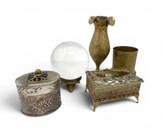 150 EclecticCrystalBallEngravedMetalVesselVanityDecor5pc