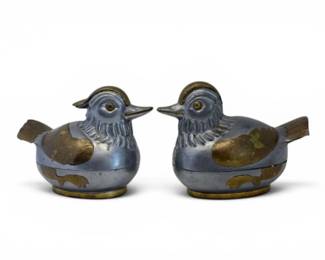 216 VintageStylePewterBrassBirdCoveredTrinketBoxesPair