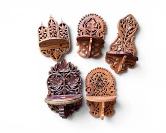 162 CarvedWoodWallMountOilLampHoldersAssortment5pc