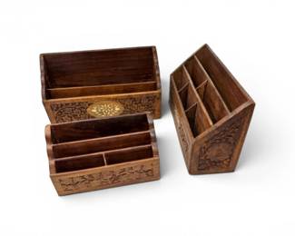 164 CarvedWoodDeskOrganizersLetterHolderAssortment3pc