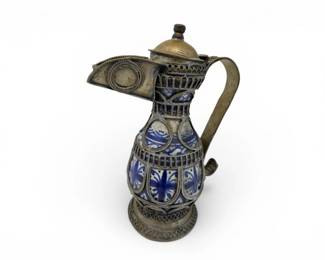 215 MoroccanStyleHandcraftedCeramicPitcherwMetalFiligreeOverlay