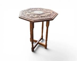 28 HandCarvedOctagonalWoodSideTablewFloralInlaidMedallion