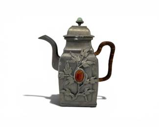 54 RepoussMetalTeapotwThreeStoneAccentsFloralVineMotif