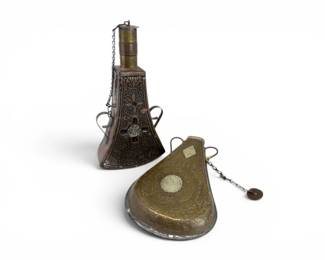72 AntiqueStyleEngravedMetalPowderFlaskDecorativeFlaskPair