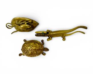 157 VintageBrassCrocodileNutcrackerFrogClipTurtleBox3pc