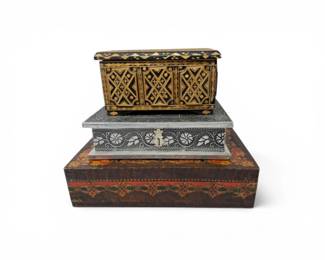137 DecorativeInlaidWoodRepoussMetalKeepsakeBoxes3Pc