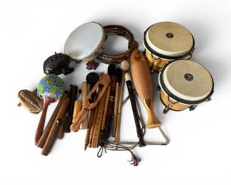 21 AssortedMusicalInstrumentsFrogGuiroBongosFlutes