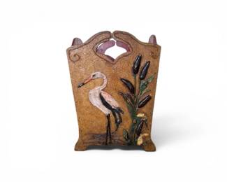43 HandPaintedHeronMotifWoodWastebasketHolder